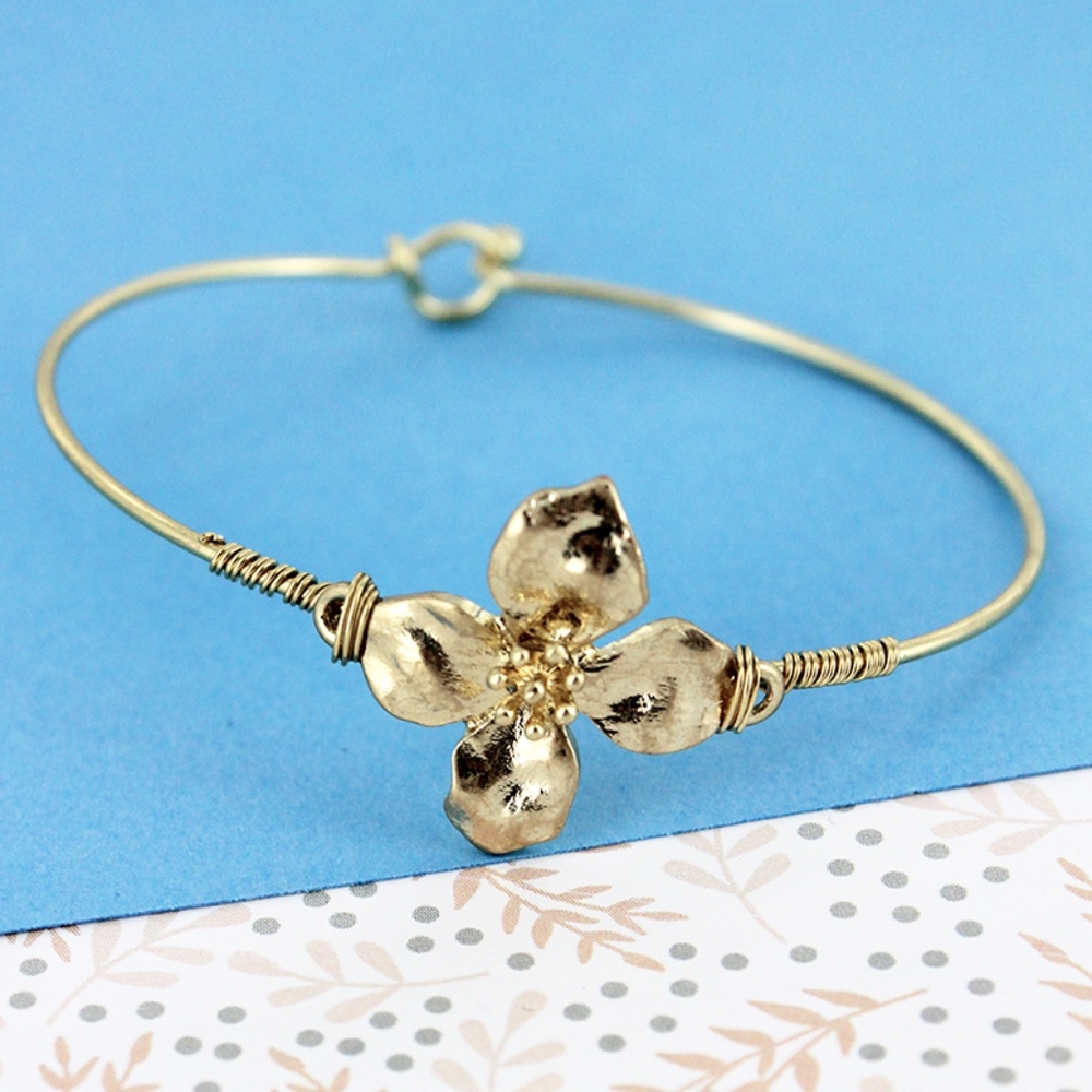 2/$12- GOLDTONE WIRE-WRAPPED FLOWER BANGLE
